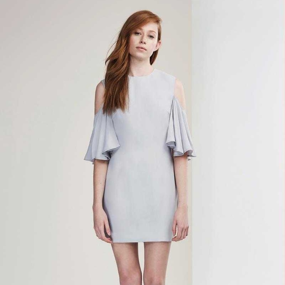 Keepsake Believer Cold Shoulder Ruffle Gray Dress